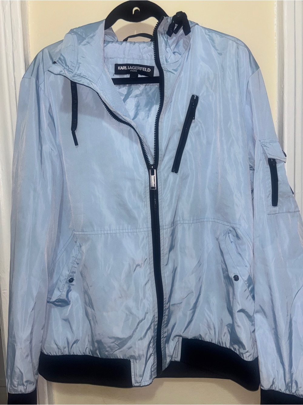 Karl Lagerfeld Powder Blue Hooded Bomber Jacket with Black Trim
